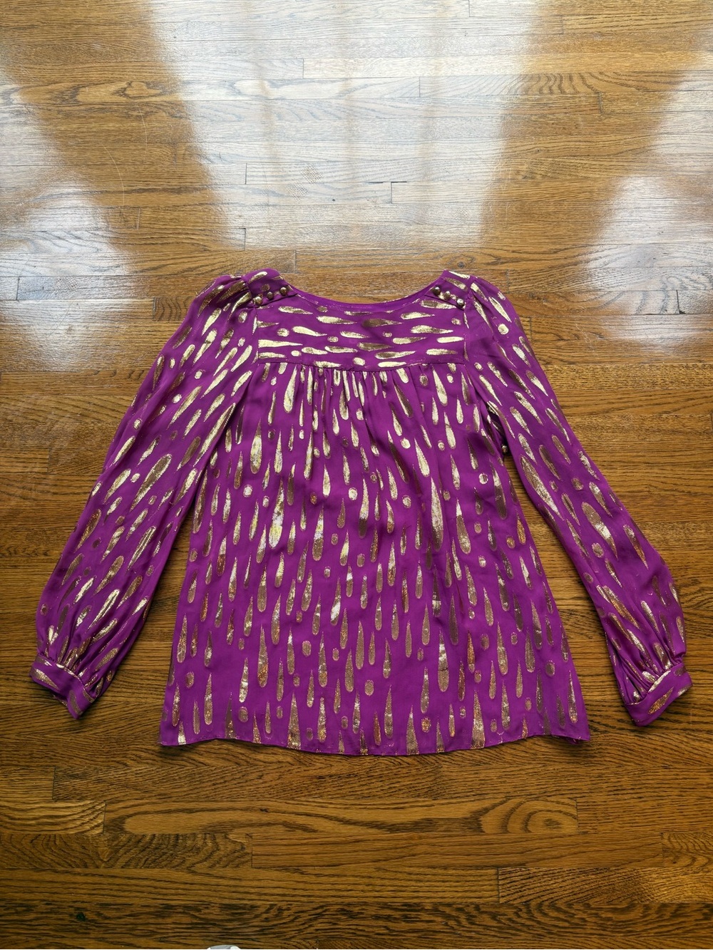 Milly of New York Purple Long-Sleeve Blouse with Gold Metallic Accents